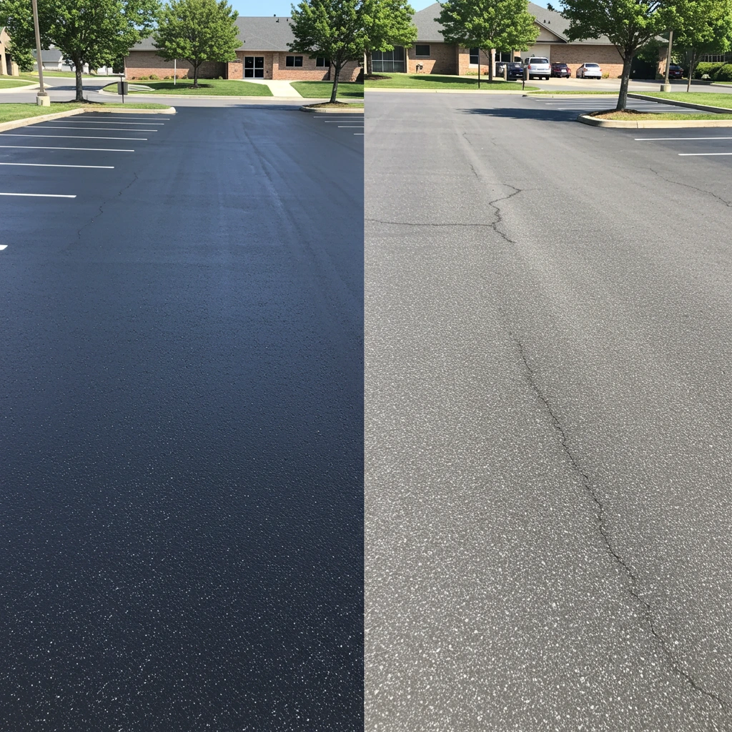 Side-by-side comparison of a faded gray parking lot vs. freshly sealcoated asphalt in Southeast Ohio