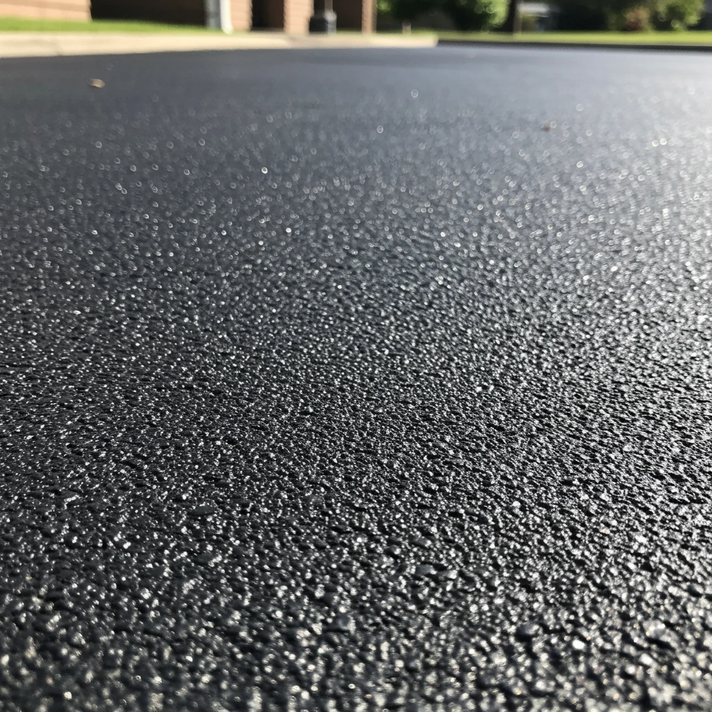 Jet-black, freshly sealcoated parking lot with crisp striping, enhancing curb appeal in Southeast Ohio